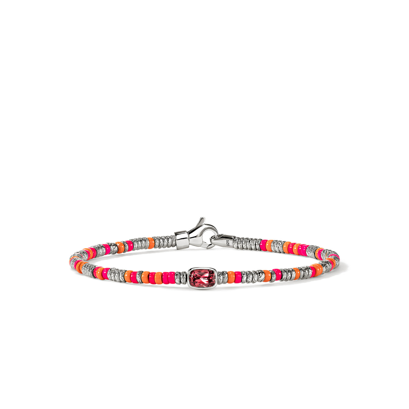 Heishi Silver Beads Bracelet with Rhodolite & Orange & Neon Pink Enamel Beads Sz M by John Hardy