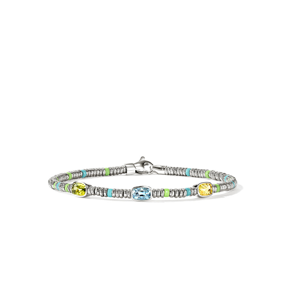 Heishi Silver Beads Bracelet with Peridot, Treated Sky Blue Topaz, & Lemon Quartz with Green & Blue Enamel Beads Sz M by John Hardy