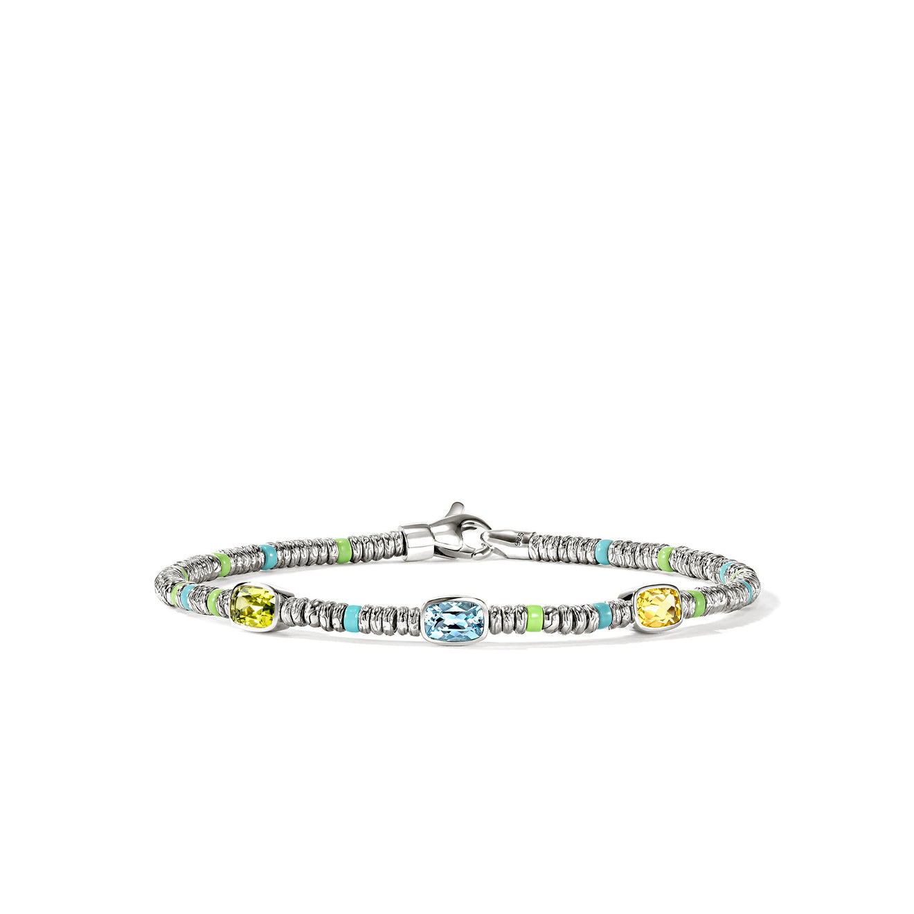 Heishi Silver Beads Bracelet with Peridot, Treated Sky Blue Topaz, & Lemon Quartz with Green & Blue Enamel Beads Sz M by John Hardy