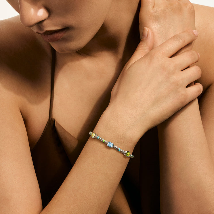 Heishi Silver Beads Bracelet with Peridot, Treated Sky Blue Topaz, & Lemon Quartz with Green & Blue Enamel Beads Sz M by John Hardy