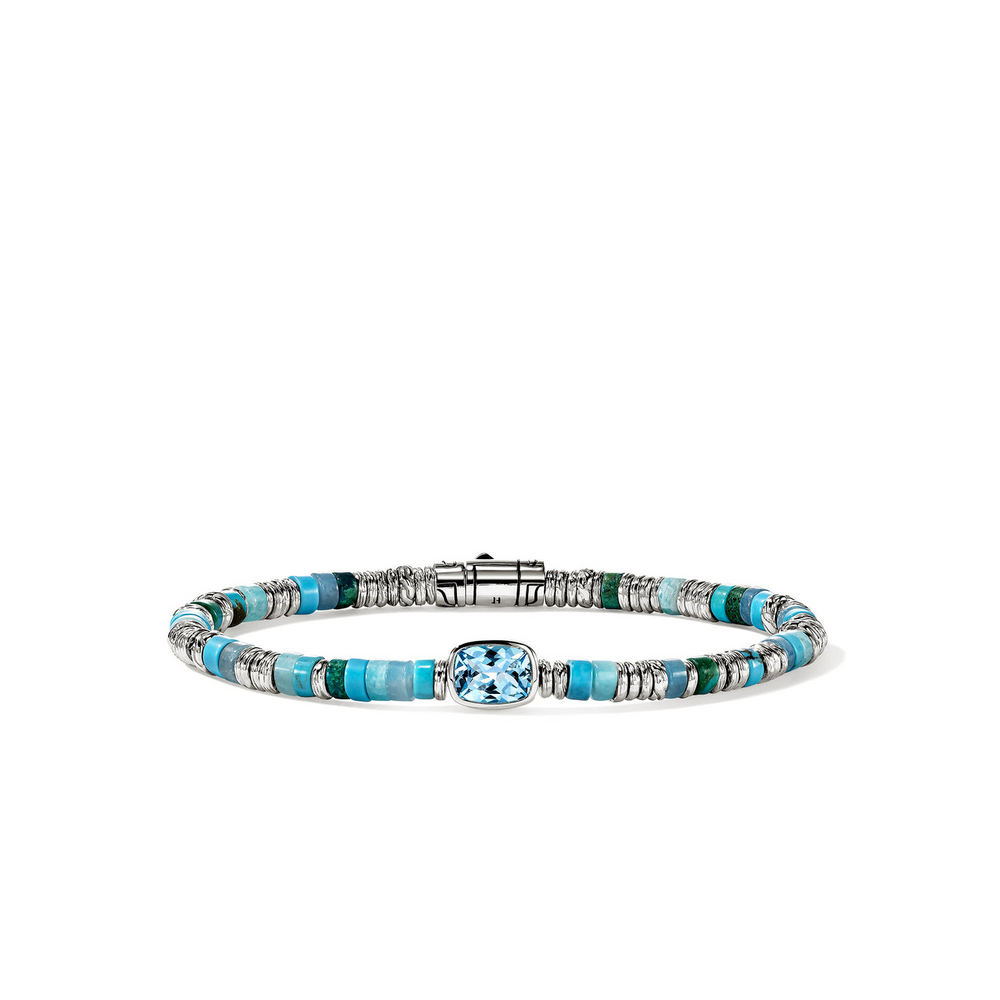 Heishi Bracelet with Treated Swiss Blue Topaz, Treated Blue Magnesite, Treated Turquoise, Treated Green Chrysocolla, & Blue Quartz Sz M by John Hardy