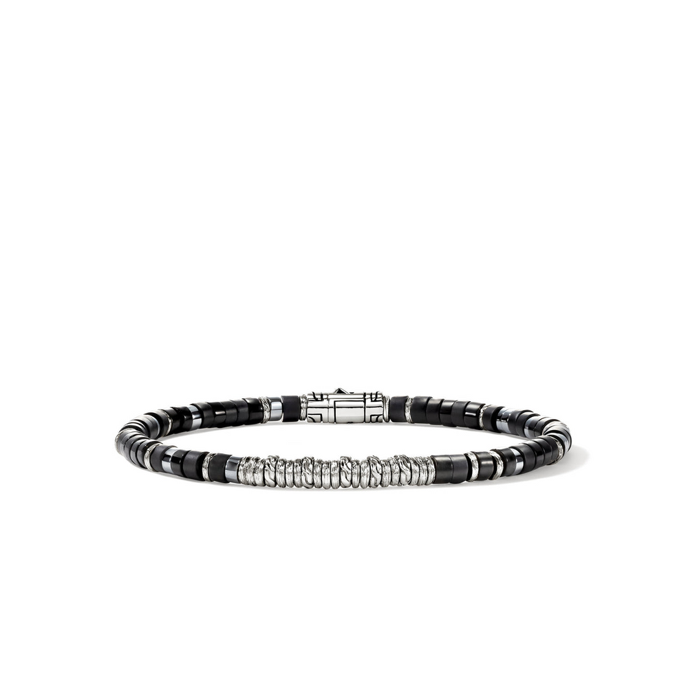 Heishi Silver Bracelet with Treated Black Onyx & Hematite Sz L by John Hardy