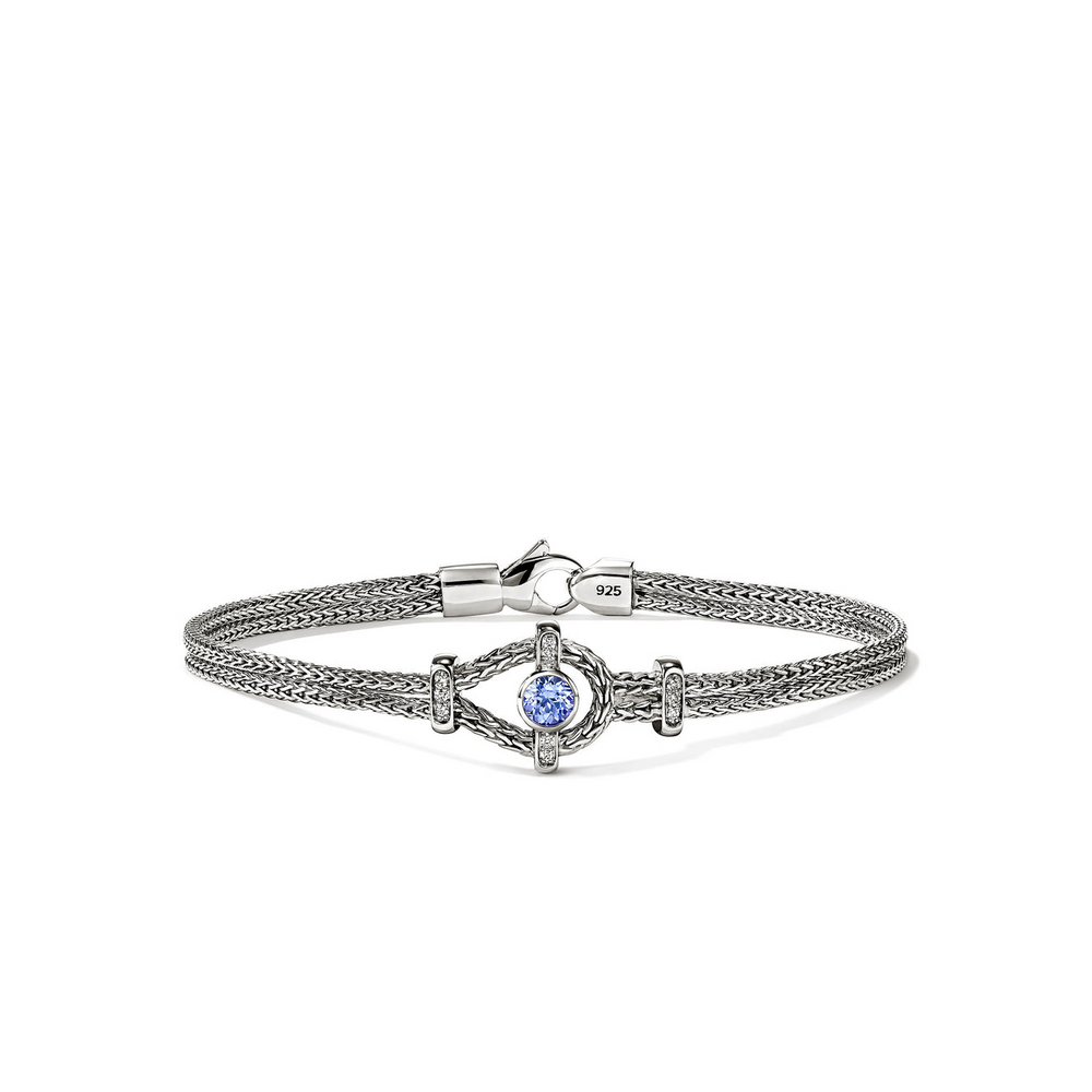 Icon Silver Station Double Row Bracelet with 4mm Tanzanite & 0.05cttw Diamond Pave Sz M by John Hardy