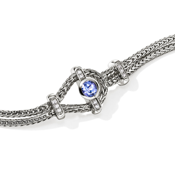 Icon Silver Station Double Row Bracelet with 4mm Tanzanite & 0.05cttw Diamond Pave Sz M by John Hardy