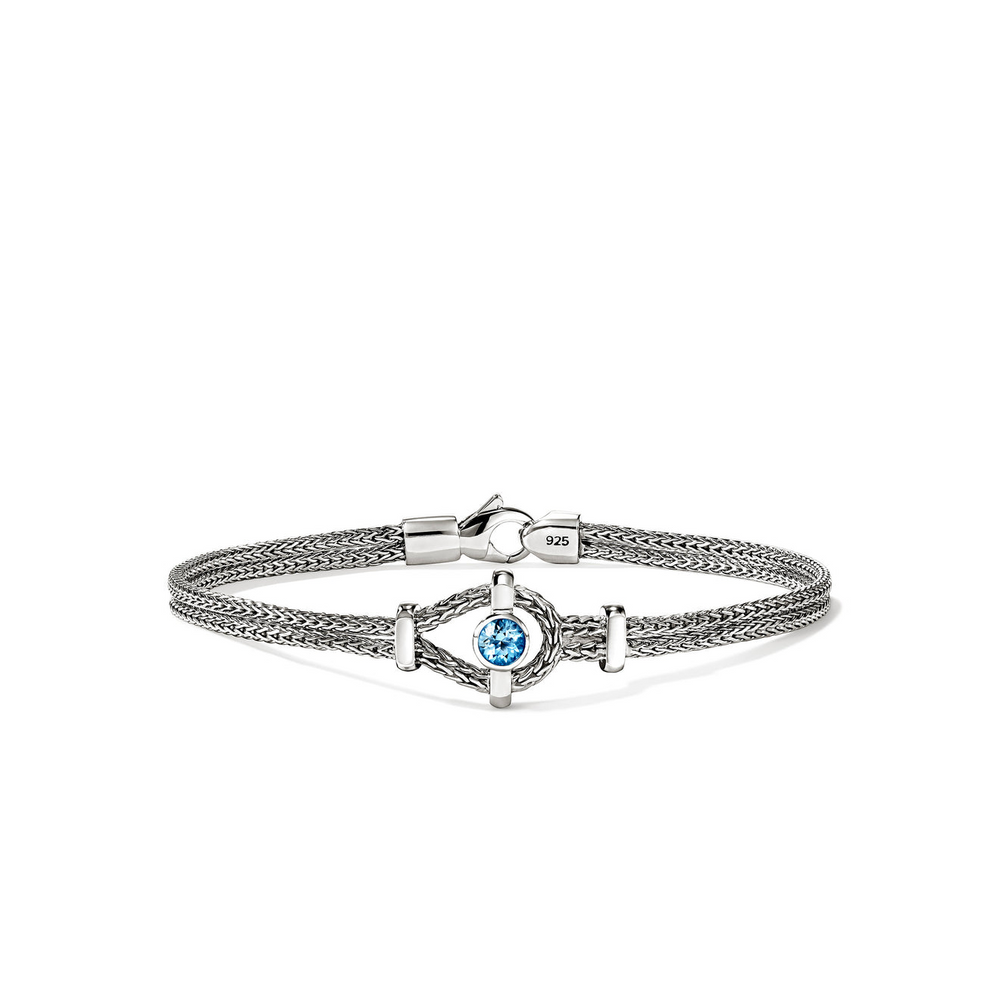 Icon Silver Station Double Row Bracelet with Treated Swiss Blue Topaz Sz M by John Hardy