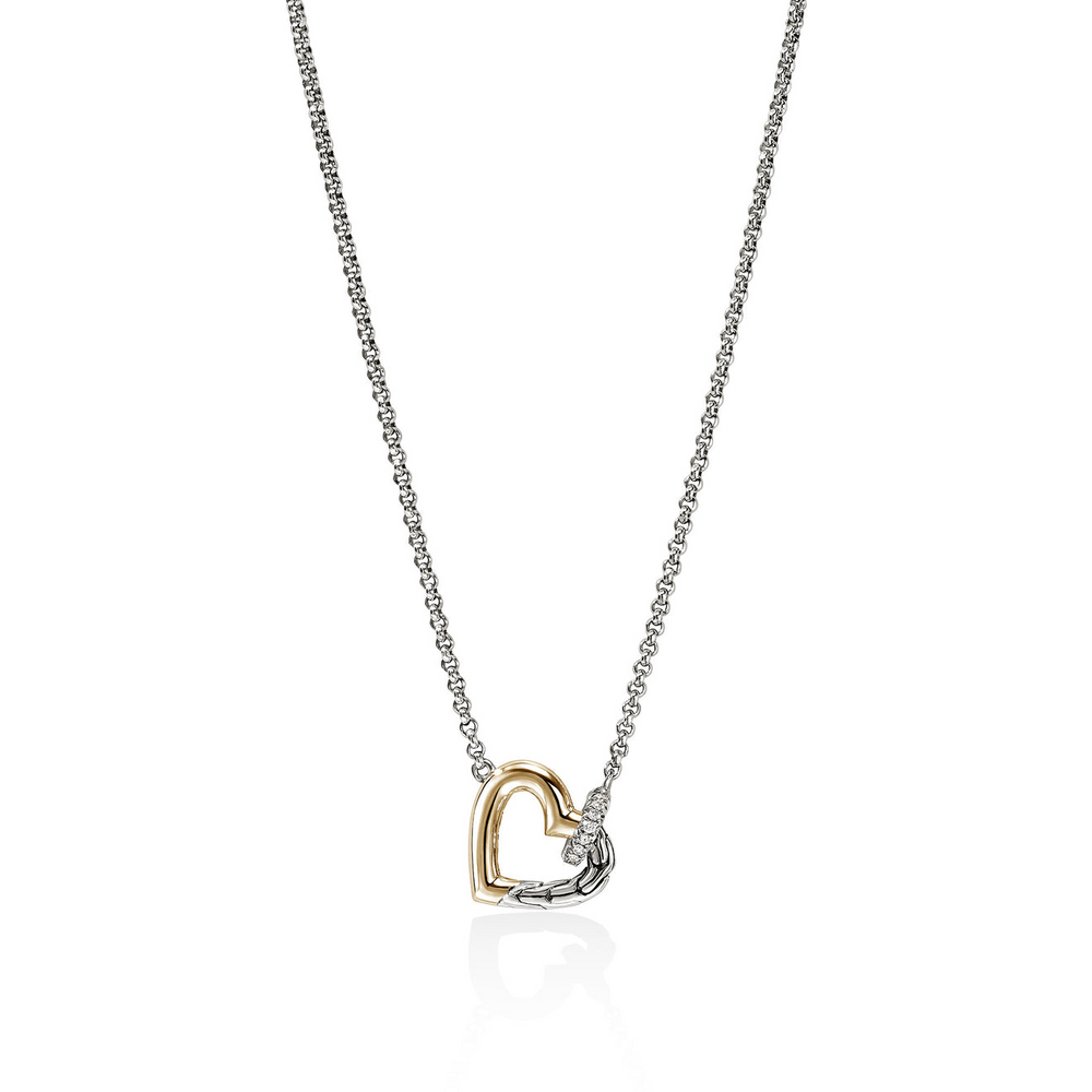 JH Essentials Heart 14K Gold & Silver 0.08cttw Diamond Pave Interlinking Necklace 16-18 by John Hardy