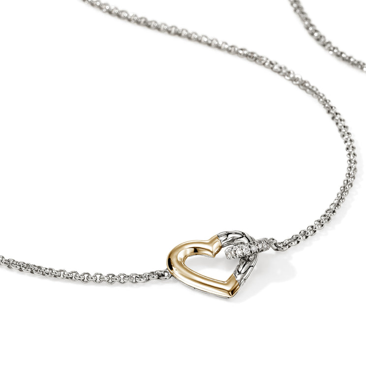 JH Essentials Heart 14K Gold & Silver 0.08cttw Diamond Pave Interlinking Necklace 16-18 by John Hardy