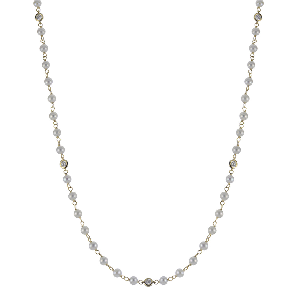 14K Yellow Gold 0.50cttw LAB GROWN Diamond & 3.5-4mm Fresh Water Cultured Pearl Necklace 16 +2"