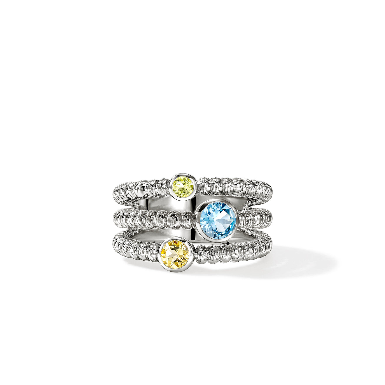 Heishi Silver Ring with 5mm Treated Swiss Blue Topaz, 4mm Lemon Quartz, & 3mm Peridot Sz 8 by John Hardy