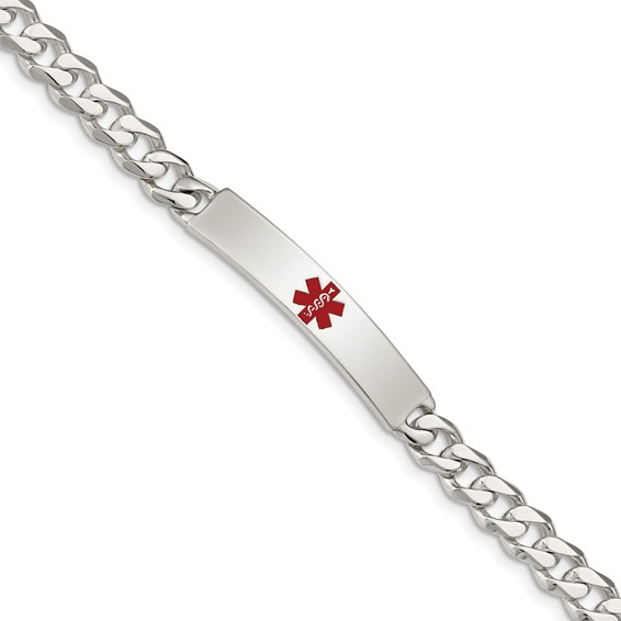 Sterling Silver Polished Curb Link Centered Red Enamel 34x6.5mm Plate 7.5 inch Medical ID Bracelet