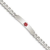 Sterling Silver Polished Curb Link Centered Red Enamel 34x6.5mm Plate 7.5 inch Medical ID Bracelet