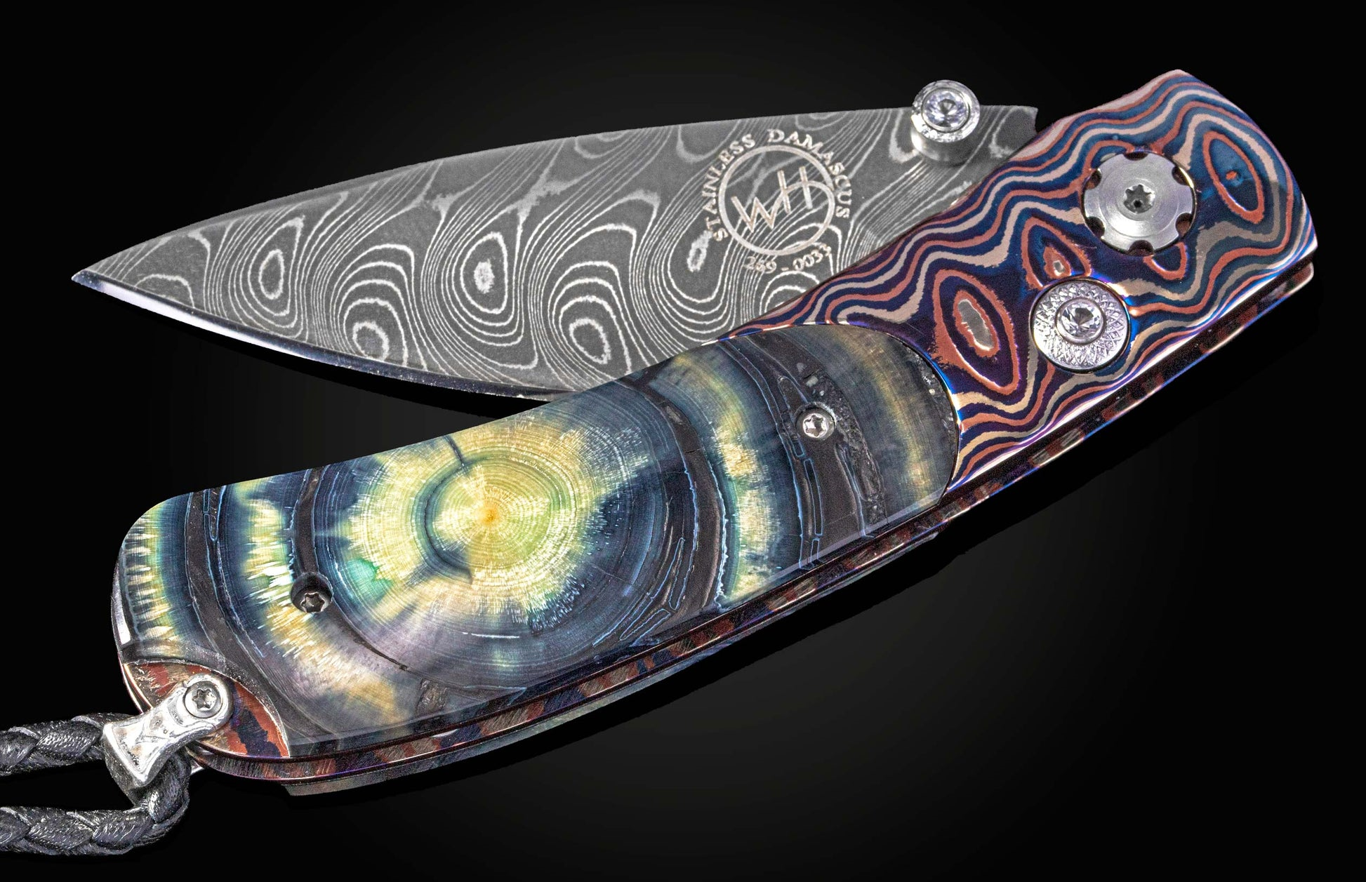 Foliding Knife Featuring Woolly Mammoth Tusk, Boomerang Damascus Steel Blade, Heat-Colored Save Mokume Frame, & White Topaz by William Henry
