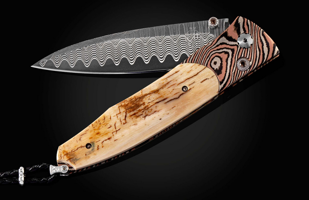 Pocketknife Featuring Mokume Gane, Fossil Mamoth Tusk Bark, & Wave Damascus Blade by William Henry