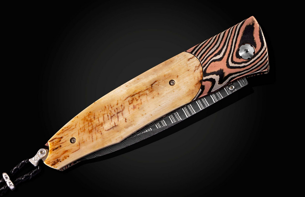 Pocketknife Featuring Mokume Gane, Fossil Mamoth Tusk Bark, & Wave Damascus Blade by William Henry