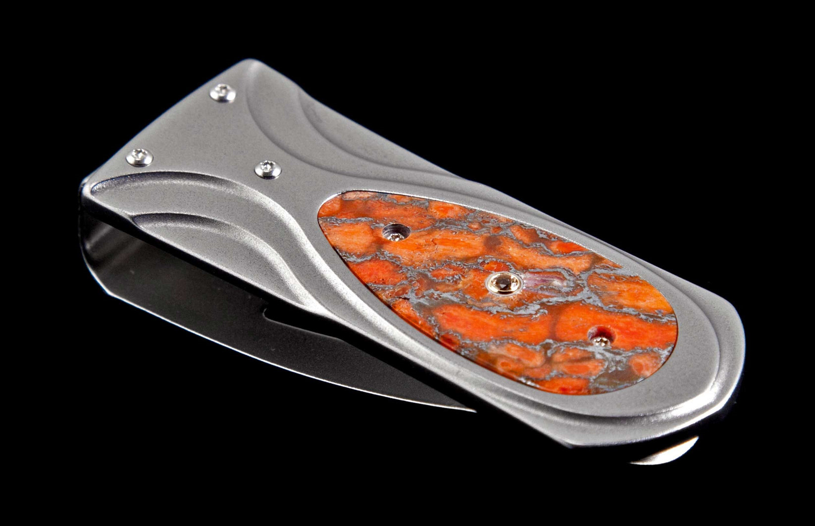 Flare Money Clip with Aerospace Grade Titanium, Zinc-Matrix Apple Coral, & White Topaz by William Henry