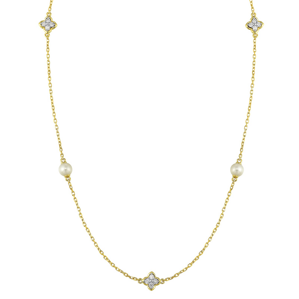 14K Yellow Gold 0.17cttw Diamond & Pearl Floral Station Necklace