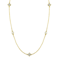 14K Yellow Gold 0.17cttw Diamond & Pearl Floral Station Necklace