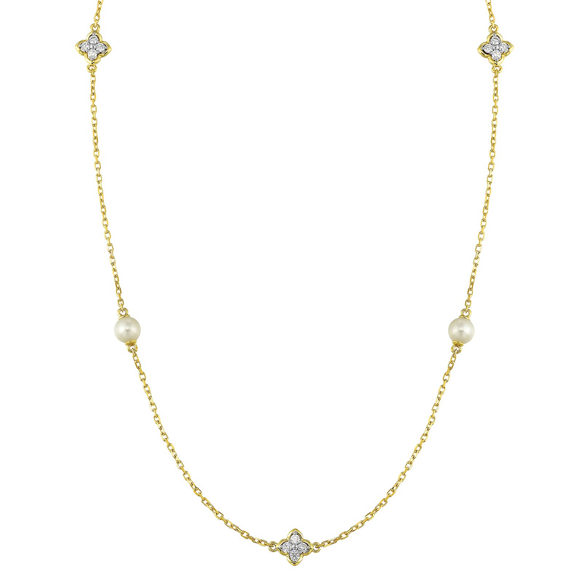 14K Yellow Gold 0.17cttw Diamond & Pearl Floral Station Necklace