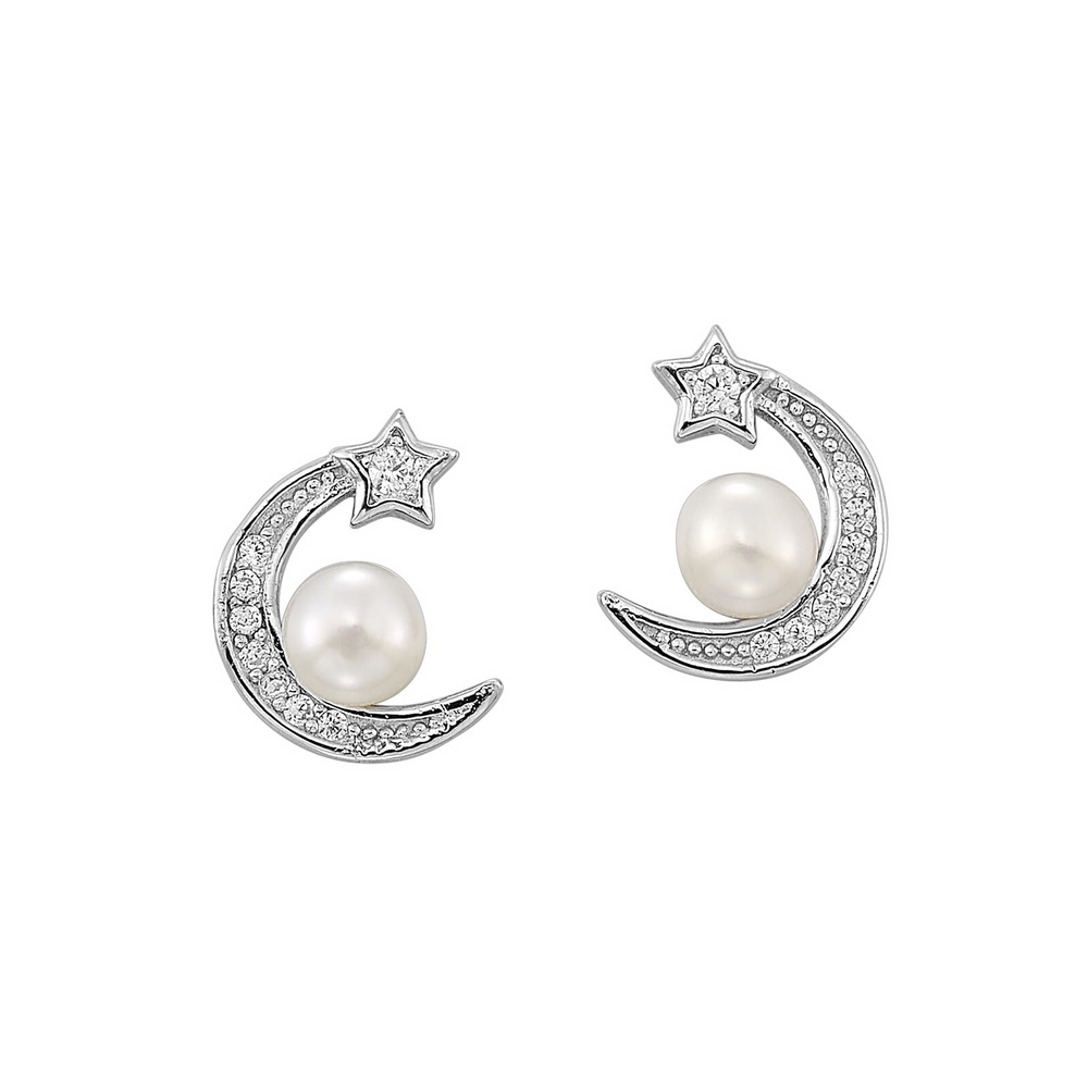 Silver Crescent Moon & Star Pearl Stud Earring