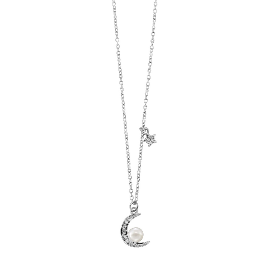 Silver CZ Crescent Moon & Star Pearl Necklace