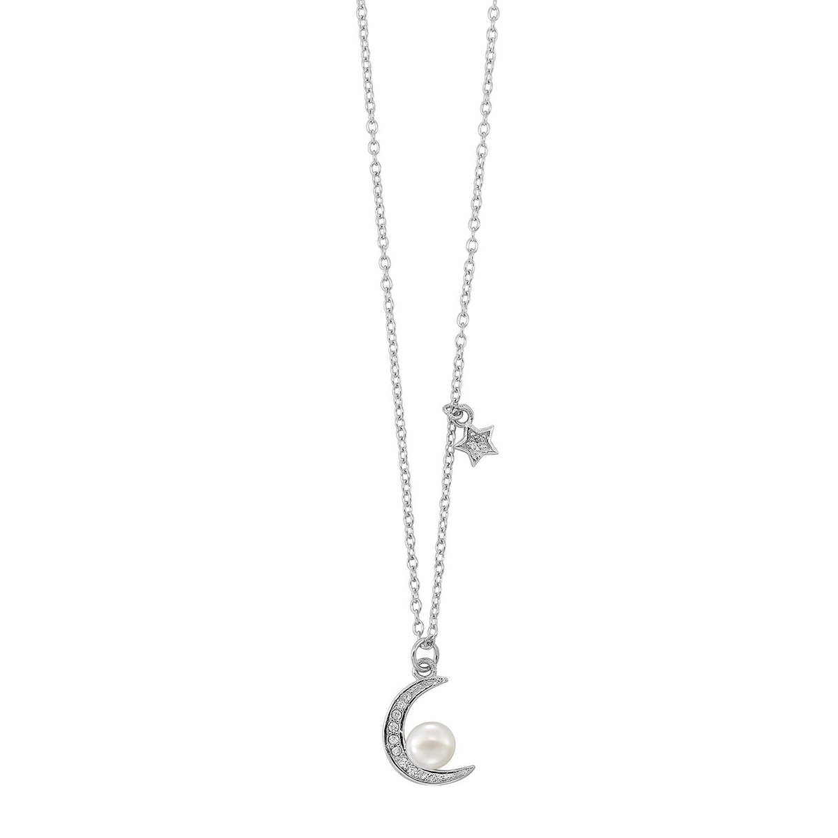 Silver CZ Crescent Moon & Star Pearl Necklace