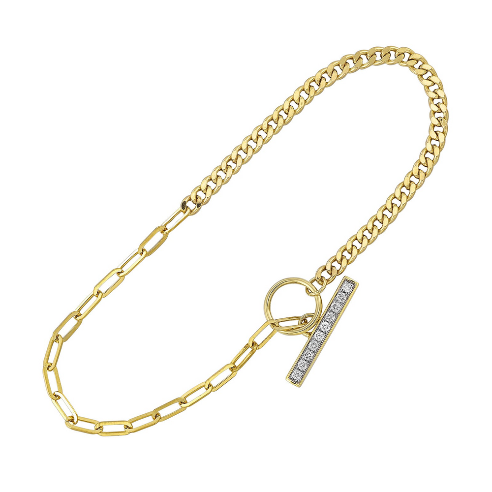 14K Yellow Gold 0.10cttw Diamond Half Paperclip Half Cuban Chain Toggle & Bar Bracelet