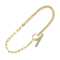 14K Yellow Gold 0.10cttw Diamond Half Paperclip Half Cuban Chain Toggle & Bar Bracelet