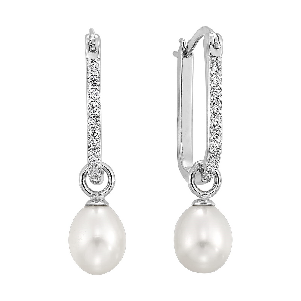 Silver CZ Pearl Dangle Hoop Earrings