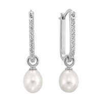 Silver CZ Pearl Dangle Hoop Earrings