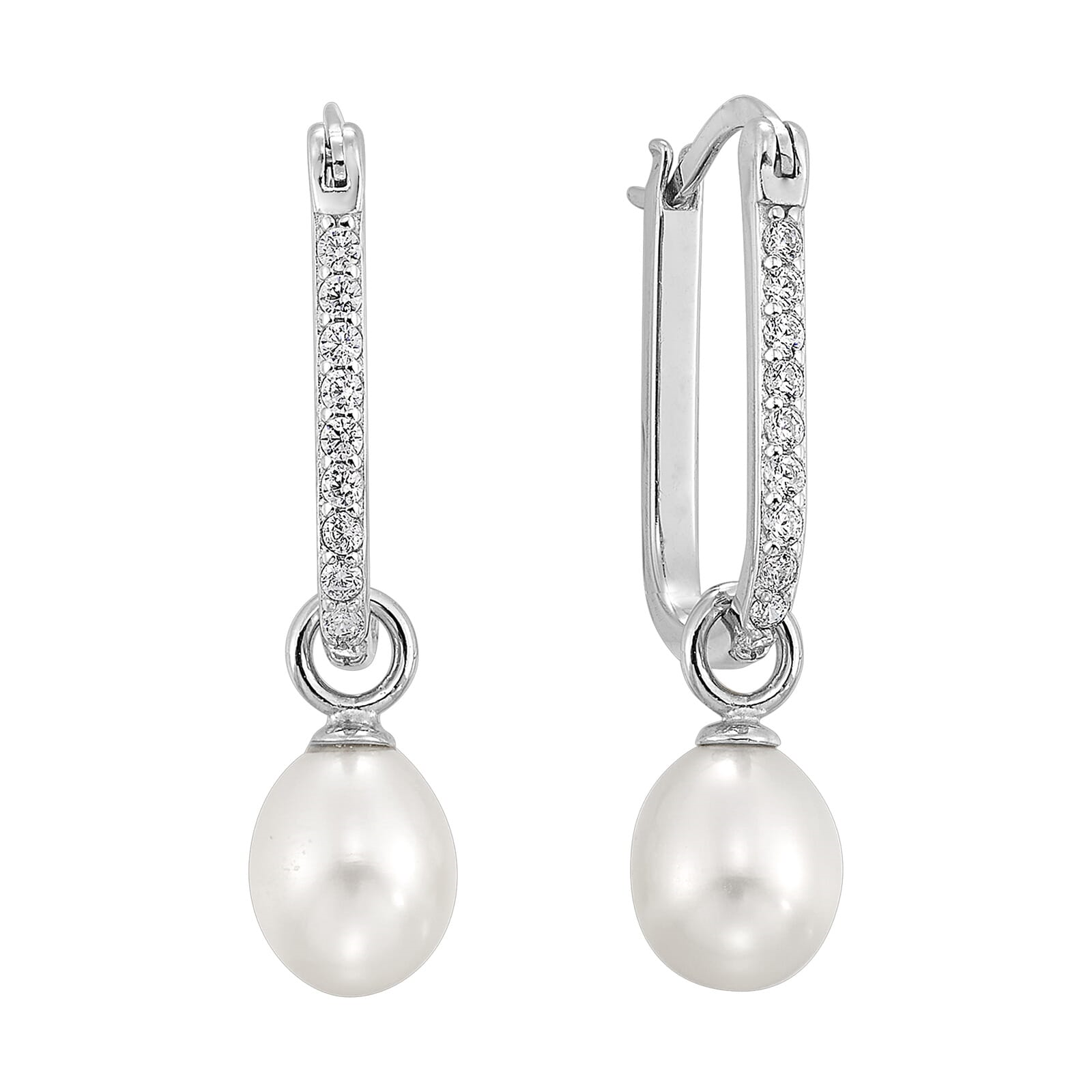 Silver CZ Pearl Dangle Hoop Earrings