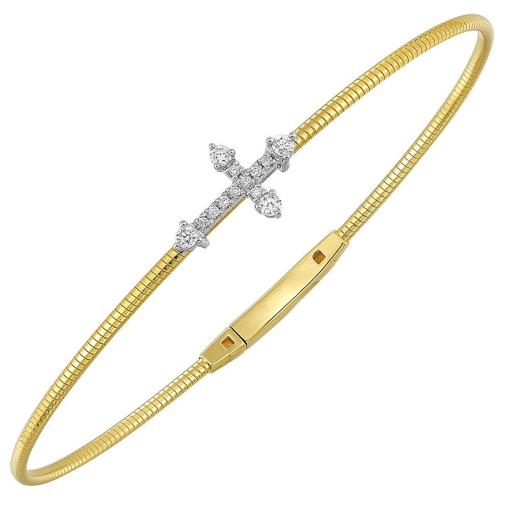 14K Yellow Gold 0.17cttw Diamond Cross Ribbed Bangle
