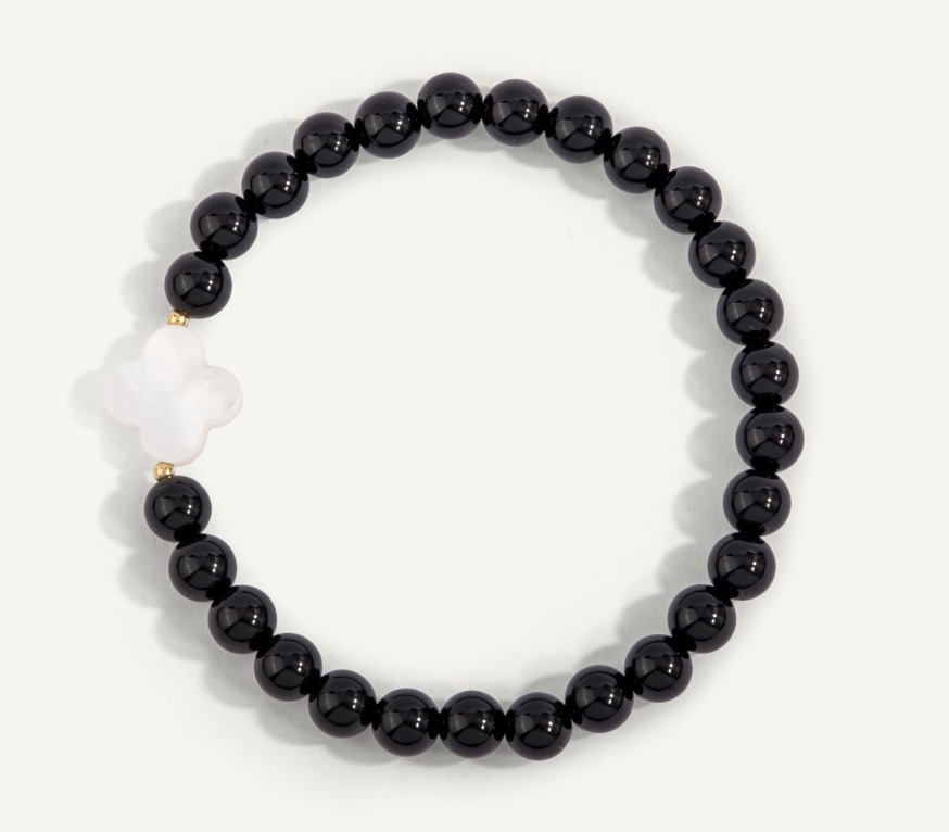 Smooth Black Agate with Mother of Pearl Clover Bracelet 6mm by Dee Berkley