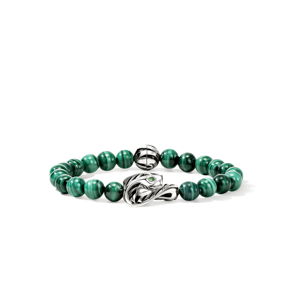 Cobra Silver Bracelet with 8mm Malachite Beads & Tsavorite Eyes Sz XL by John Hardy