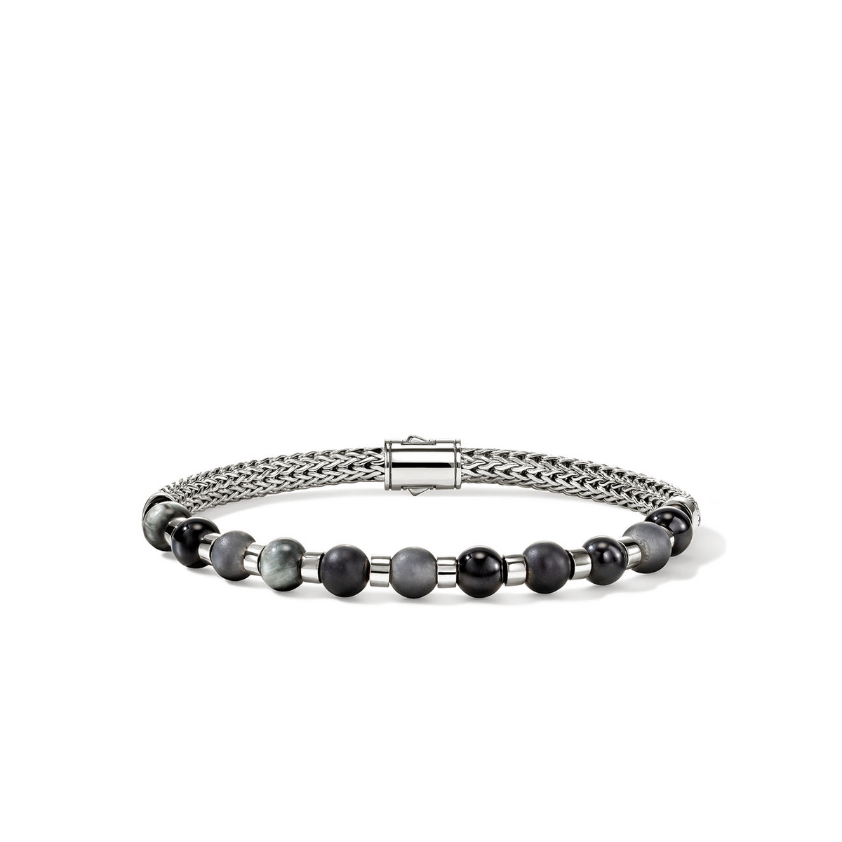 Men's Essentials Silver 5mm Extra Small Chain Beads Bracelet with 6mm Treated Black Onyx, Matte Hematite, & Eagle Eye Sz XL by John Hardy