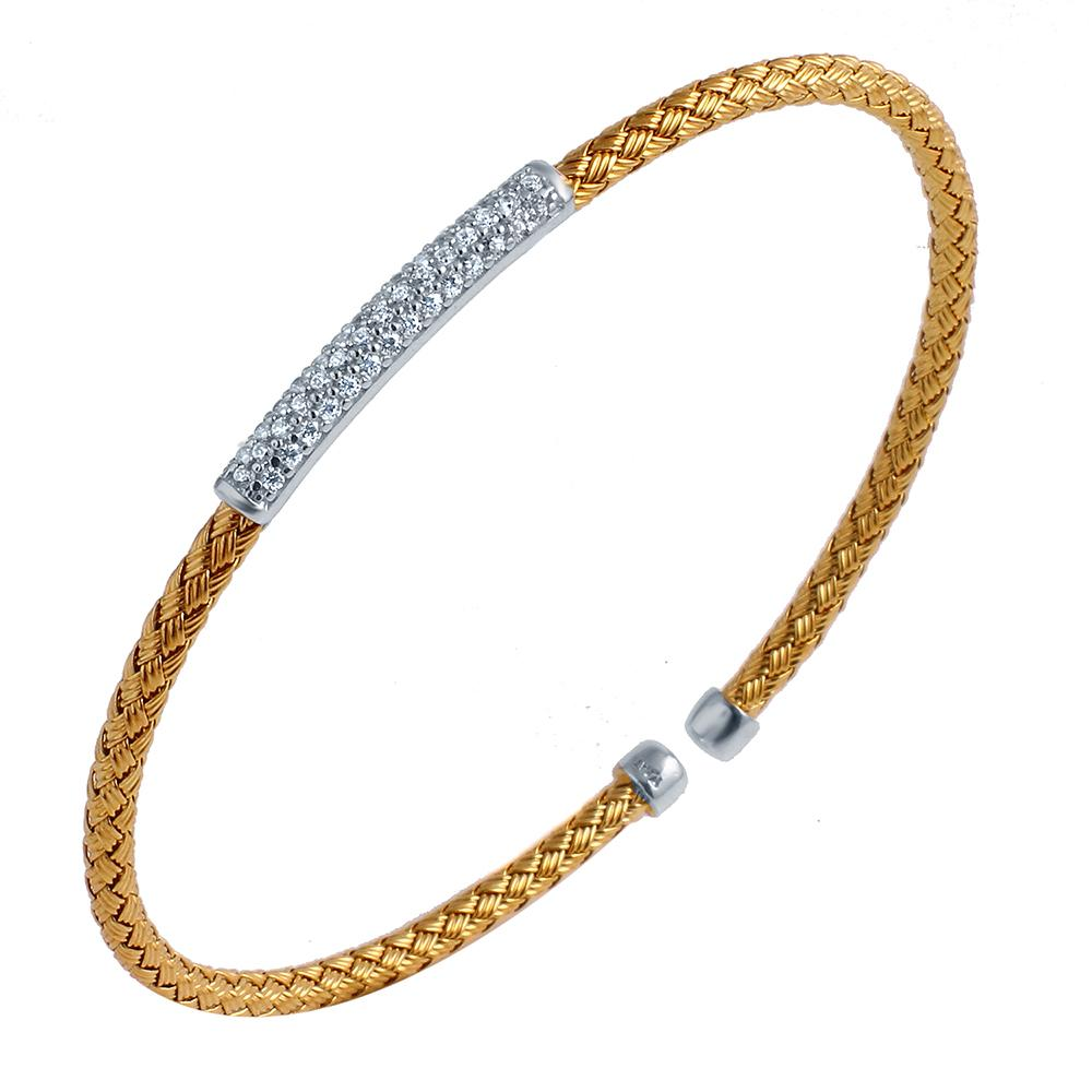 Sterling Silver 3mm Mesh Cuff with CZ, 2 Tone, 18K Yellow Gold and Rhodium Finish