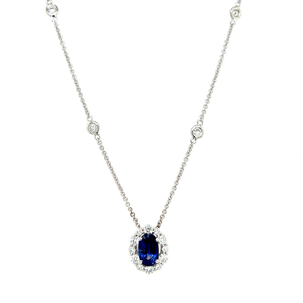 18K White Gold 2.05ct Sapphire & 0.70cttw G/H SI Diamond Pendant & Station Necklace 18"