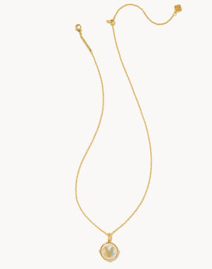 Letter V Gold Plated Disc Reversible Necklace in Iridescent Abalone by Kendra Scott