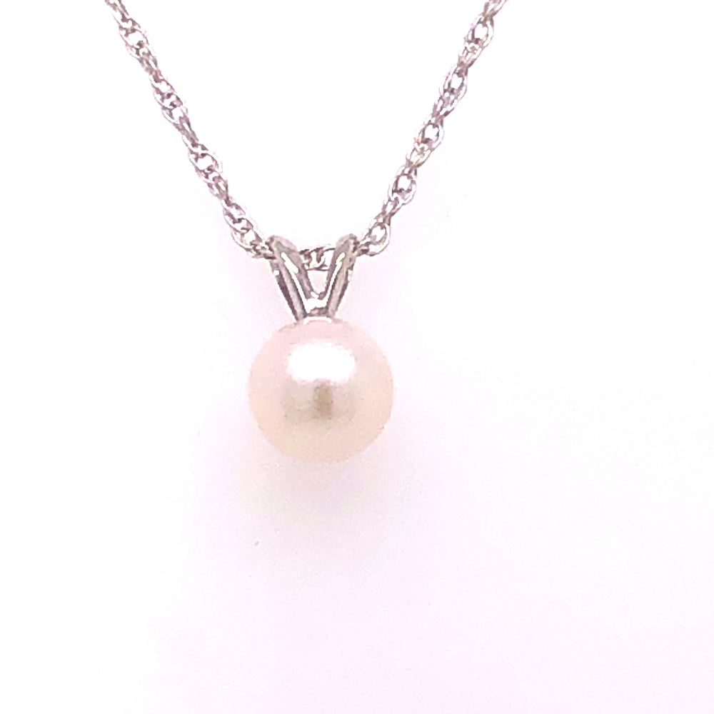 14K White Gold 6mm Saltwater Cultured Pearl Pendant AA with 18" Chain