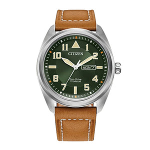 Eco-Drive, Titanium, Green Dial, Leather Strap, Day/Date by Citizen