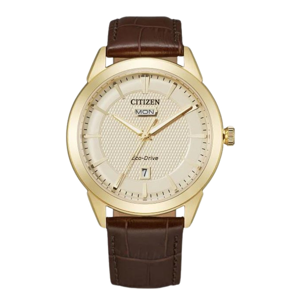 Rolan Stainless-Steel Gold-Tone Case & Ash Brown Leather Strap Watch by Citizen