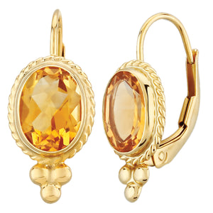 14K Yellow Gold, Oval Citrine Leverback Earrings with Twisted Wire Borders