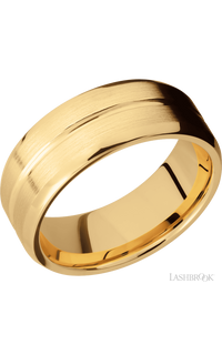 8 mm wide Beveled with Center Accent Groove 14K Yellow Gold band.