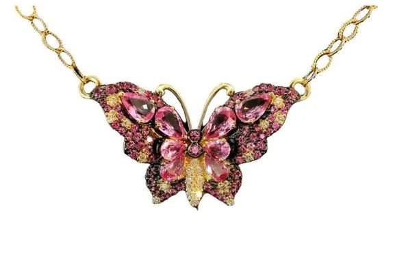 14K Yellow Gold Pink Sapphire & Diamond Butterfly Pendant by Bellarri
