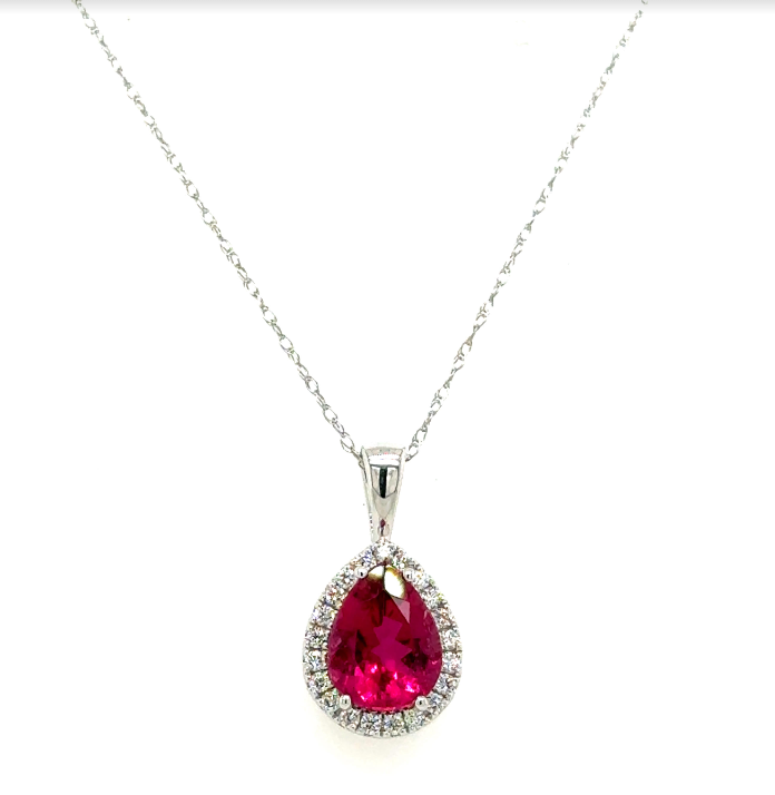 14K White Gold 1.52ct Rubellite & 0.16cttw SI2 G-H Diamond Pendant Necklace 18" by Rego