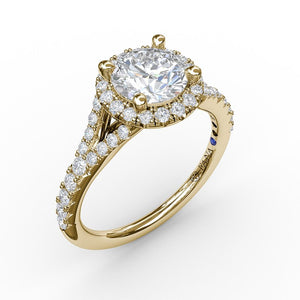 Classic Diamond Halo Engagement Semi-Mount Ring with a Subtle Split Band by Fana