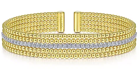 Wide 14K White-Yellow Gold Bujukan 0.70cttw Diamond Cuff Bangle by Gabriel