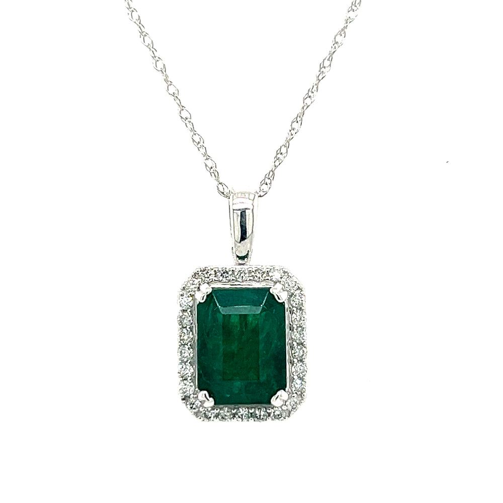 14K White Gold 2.15ct Emerald & 0.20cttw Diamond Pendant Necklace