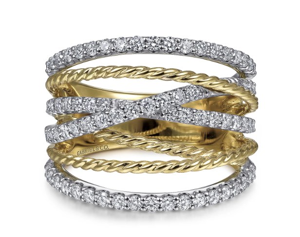 14K White & Yellow Gold 0.85cttw SI2 G-H Twisted Rope & Diamond Multi Row Ring by Gabriel & Co.