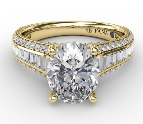 14K Yellow Gold 1.07cttw VS FG Oval Diamond Semi-Mount with Baguettes & Pave Diamonds by Fana