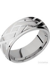 8 mm wide/Domed Stepped Down Edges/14K White Gold band with a machined Lattice pattern.